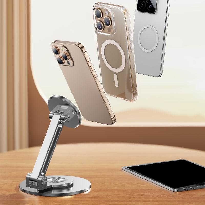 Portable Metal Phone Holder with Strong Magnetic Base 360 Rotate Adjustable Angle Travel Friendly for Mobile Devices
