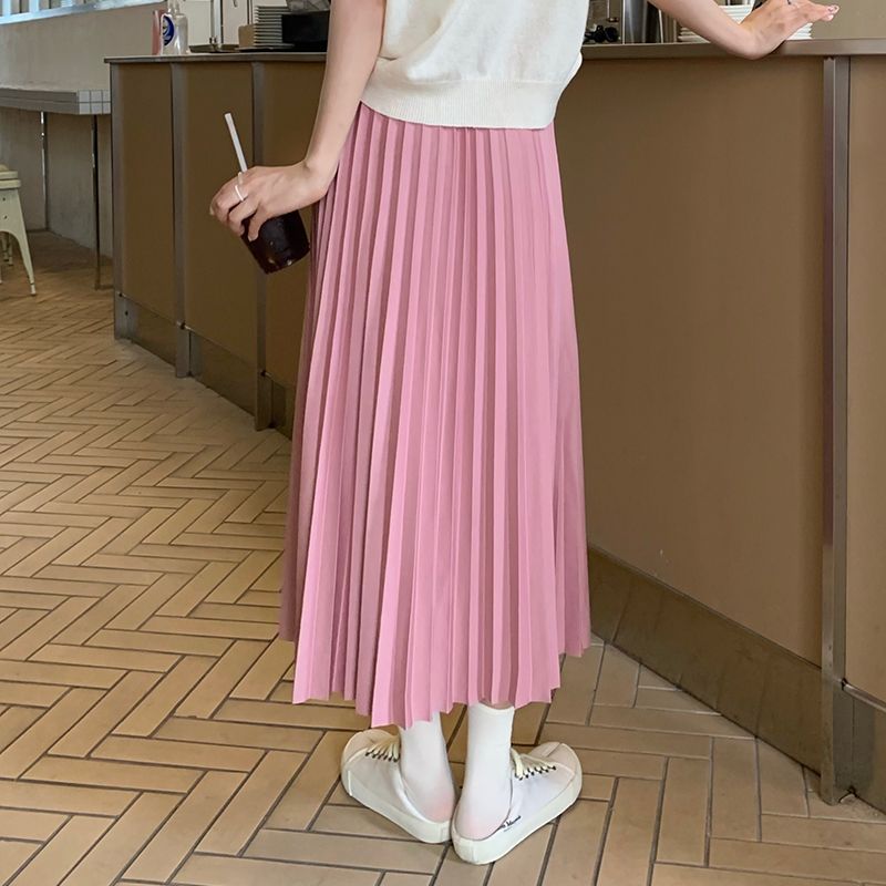 Luxury Long Pleated Skirts for Women Spring New Elegant Office Ladies Chic Elastic Band Fashion A Line Midi Skirt