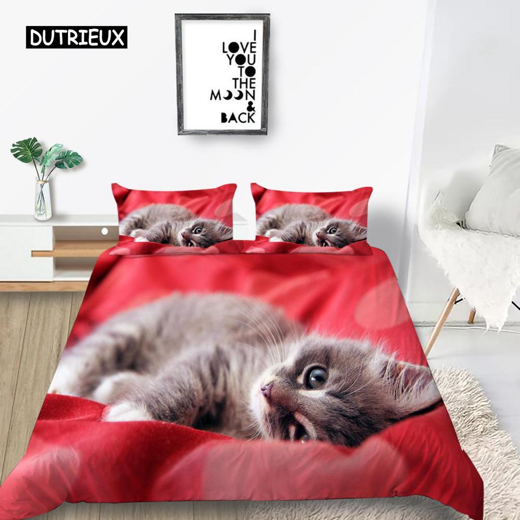 Cat Duvet Cover Set King Size Microfiber Cute Animal Print Girl Teen Kid Comforter Cover Lovely Kitty Series Pattern Bedding Set