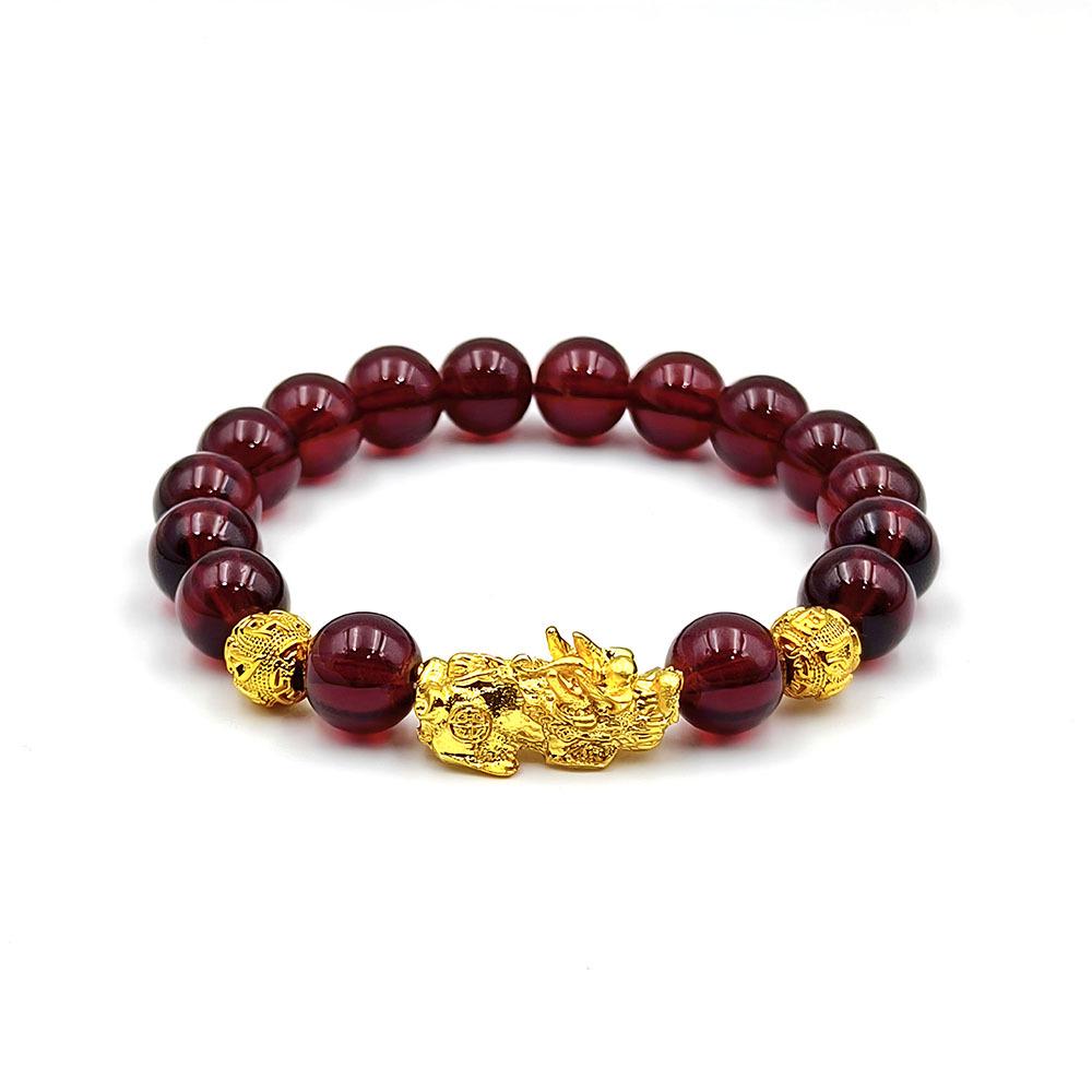 Gold-Plated Retro Pixiu Bracelet with 10mm Red Pomegranate Beads - Wealth Attraction Elastic Design