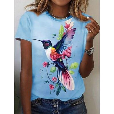 Damen T-Shirt Floral Vogel Lässig Kurzarm Rundhals Normal Oberteile Täglicher Druck Rosa Blau Sommer Frühling