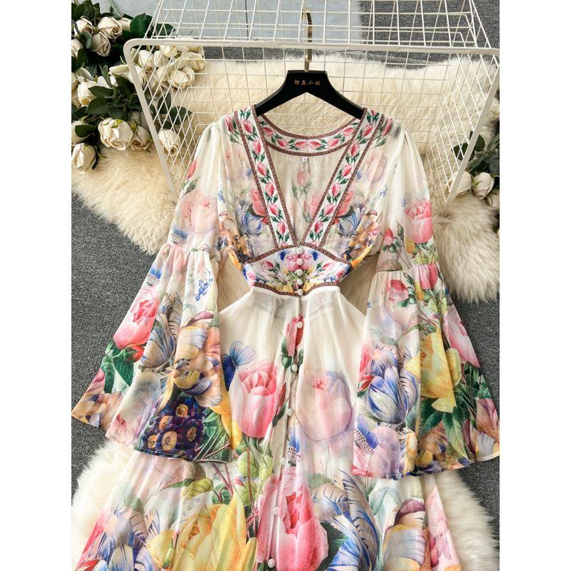 European Style Retro Elegant Silm Long Chiffon Dress