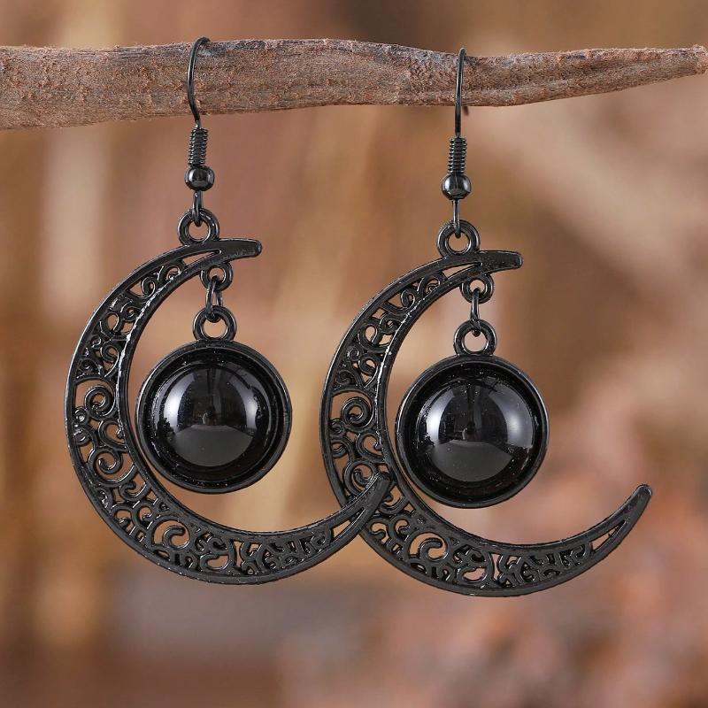 

1 Pair Gothic Style Black Bat & Crescent Shape Hollow Pendant Earrings, Elegant Crescent Eardrops Women Jewelry Gift Moon&one-size