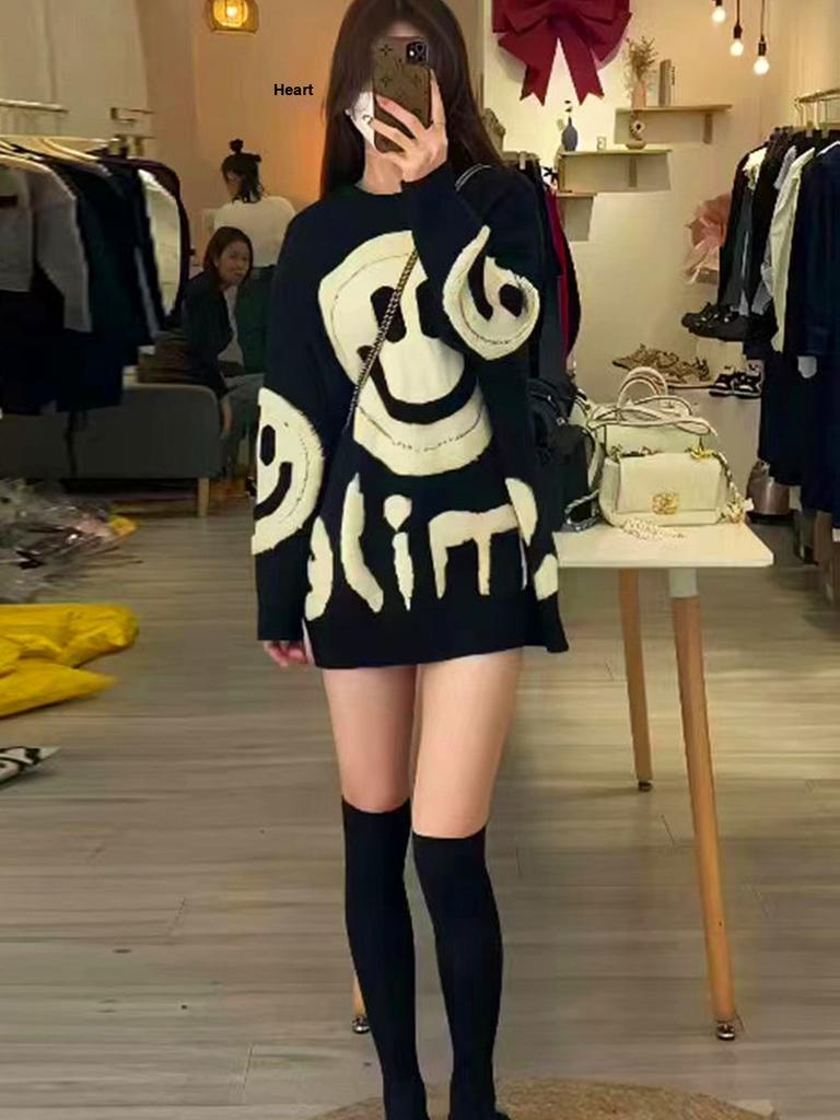 Osaka Los Gebreide Trui Dames Herfst Winter Mode Casual Werk Lange Mouw Lachende Ronde Hals Pullover