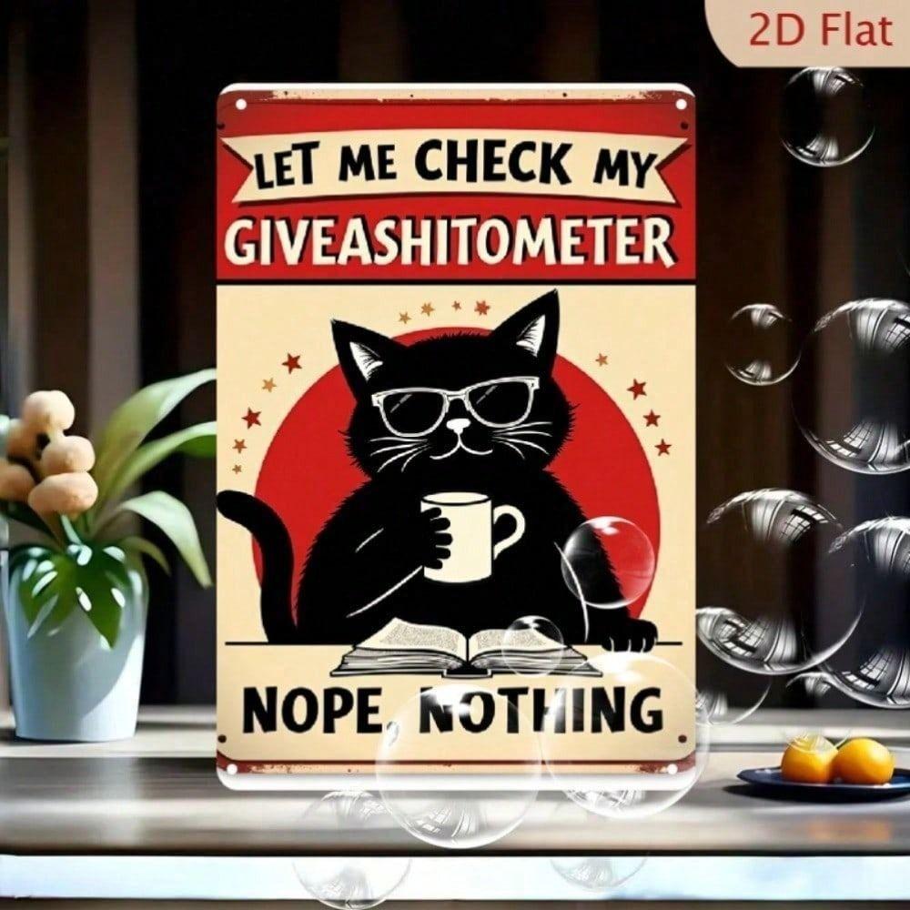 Vintage Black Cat Coffee Poster, Sarcastic Check My Giveashitometer Quote, Metal Wall Art for Home