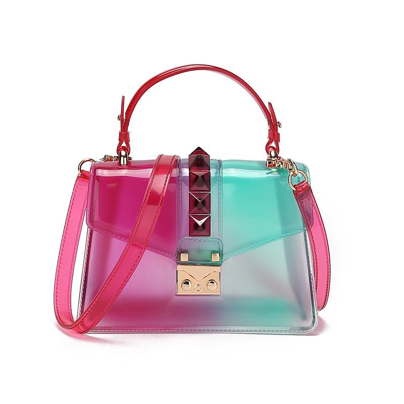 Ny mote Bærbar Gradient Transparent Jelly Bag Rivet Godteripose Skulder Messenger Square Bag