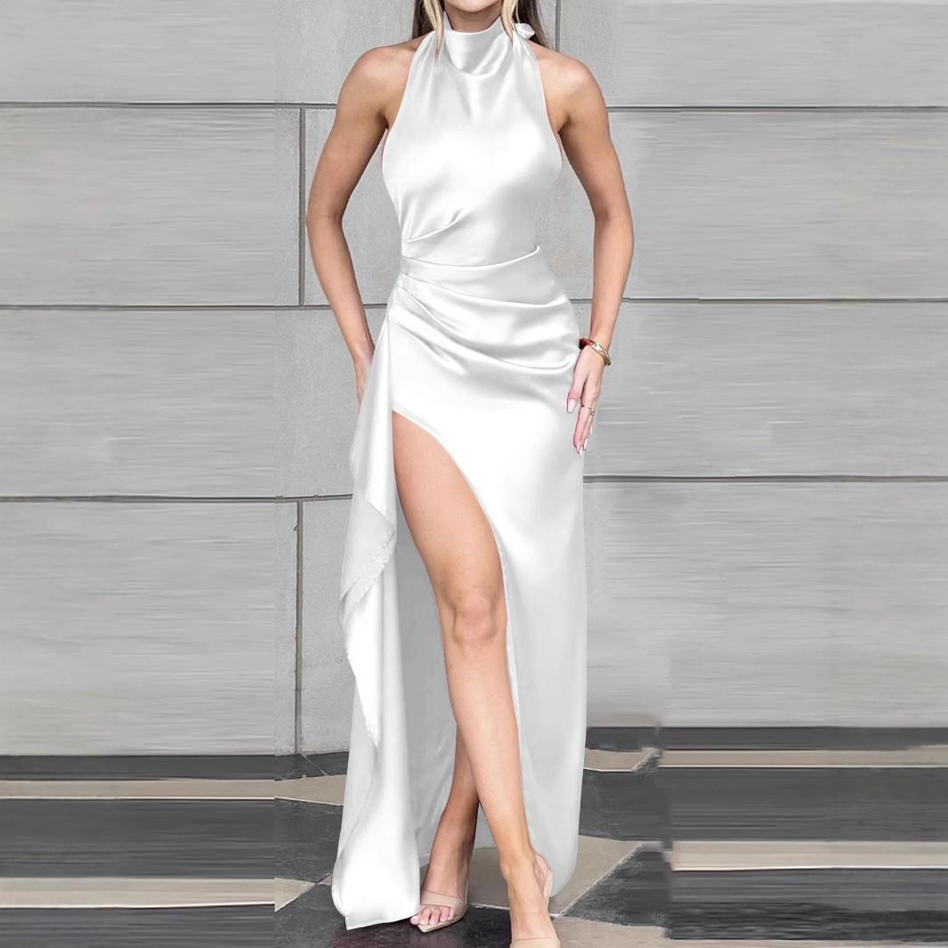 

Women’s Autumn Dress with A Round Neckline Featuring A Sexy Slit Tie-up Detail Open Back Pleats and A Figure-hugging Silhouette XS белый