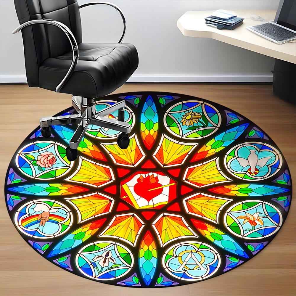 1pc Stained Glass Window Chair Carpet for Office, Round Polyester Mat, Indoor Decor for Office, Easycare Fabric, Washable Non-slip Area Carpet