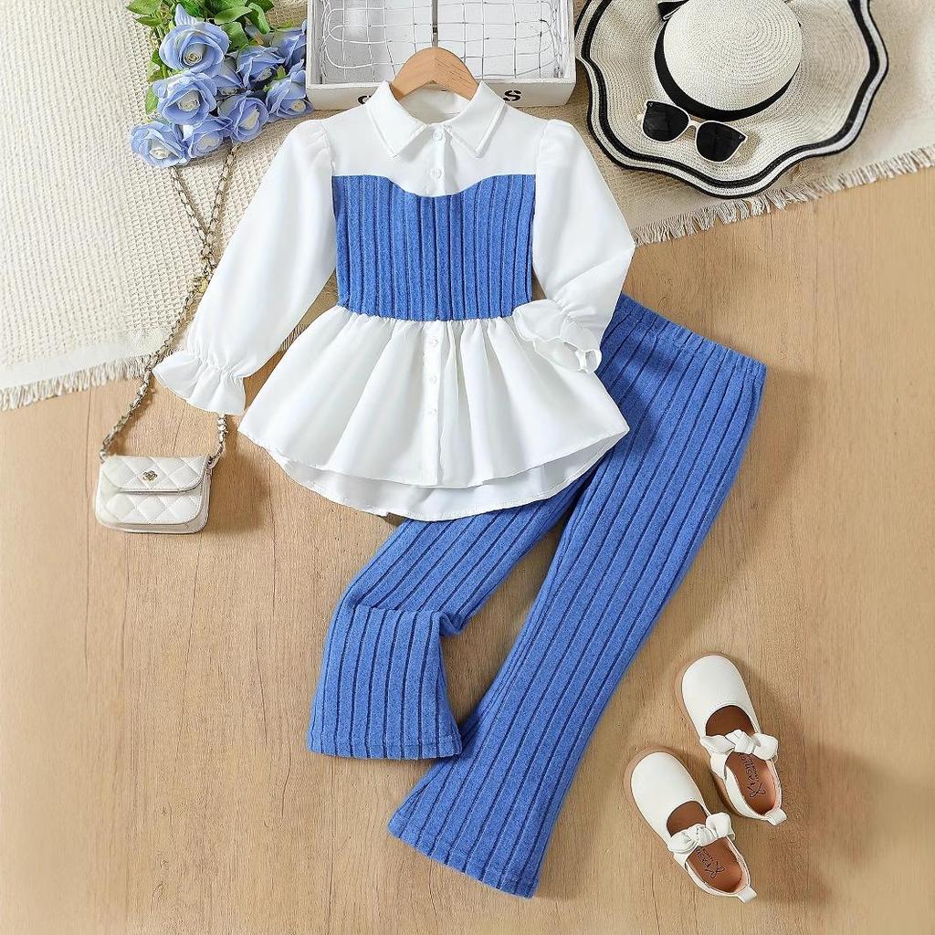 Girls' Cross-Border Pink Knitted Vest with Lace Shirt & Wool-Blend Striped Pants Set