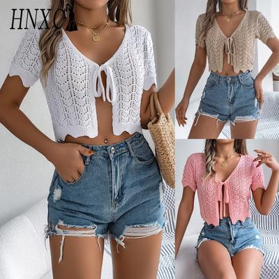 HNXC Summer Lace-up Cutout Short-sleeved Knitted Cardigan for Vacation Crop Protection Women's Wear