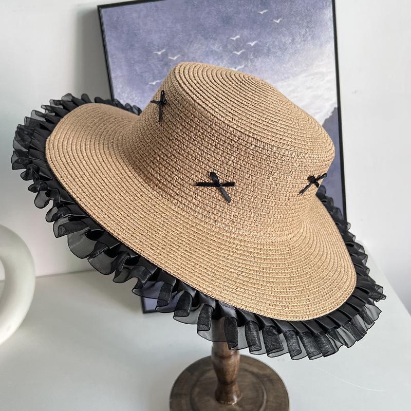 

Большая шляпа с бантом, кружевная отделка, кружевная кромка для женщин, летняя пляжная шляпа, шляпа от солнца, шляпа с широкими полями, соломенная шляпа для отпуска