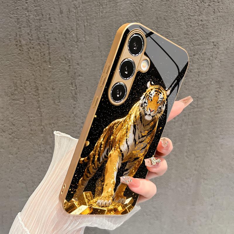 Gold Foil Tiger Pattern 2D Phone Case for Samsung S26 S25 S24 S23 S22 S21 S20 A56 A36 A16 - Golden Glass Protective Cover