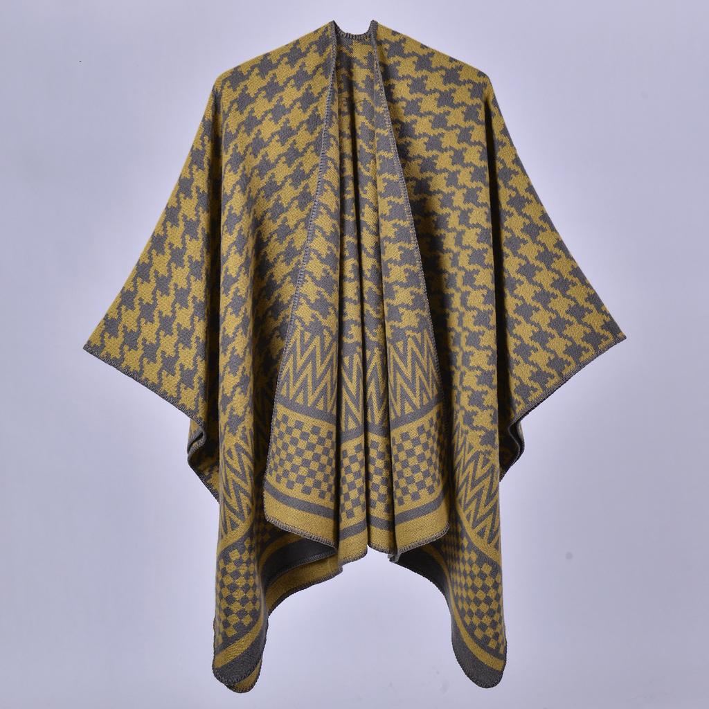 Women's New Autumn and Winter Warm Shawl European and American Classic Thousand Bird Grid Cloak Knitted Scarf Shawl Split Cloak