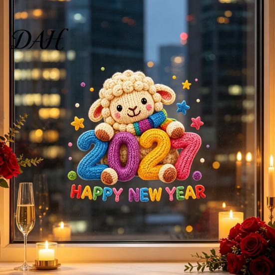 Seasonal Glass Surface Ornaments Chinese New Year Window Stickers, 2027 Goat Static Clings, Reusable Clings Crochet Knit Lamb Decor for Home Shop Easy
