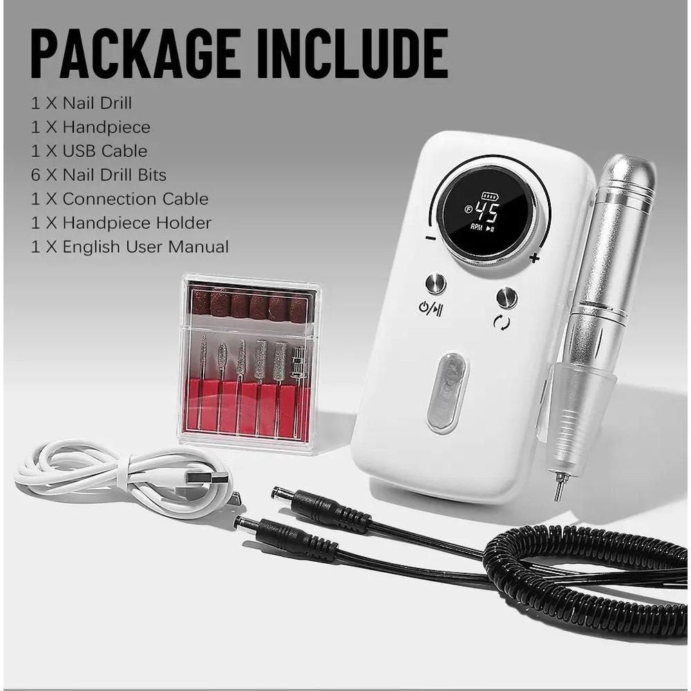 45000RPM Salon Nails Accessories LCD Display Electric Nail Drill Machine Rechargeable Nail File Gel Nail Polish Sander