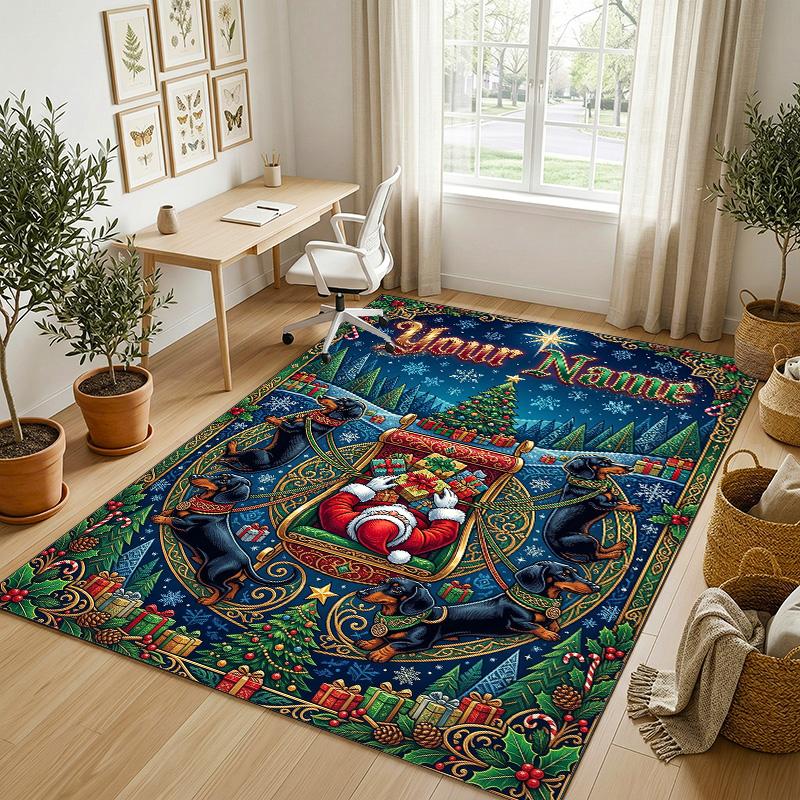 Christmas Theme Crystal Velvet Rug Personalized Custom Name Text Soft Floor Mat Home Decor