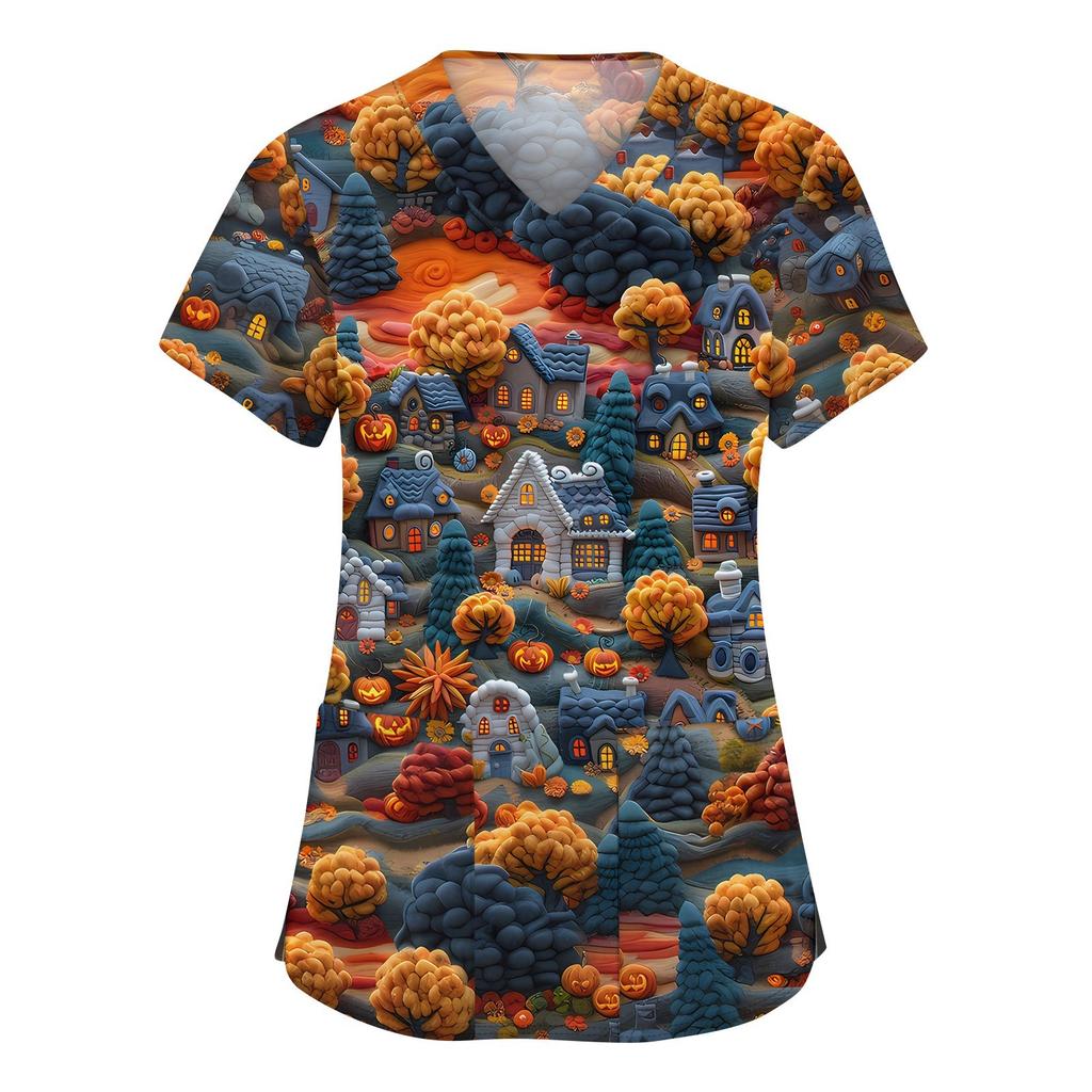 Damenmode V-Ausschnitt Kurzarm Arbeitskleidung mit Taschen Halloween bedruckte Tops