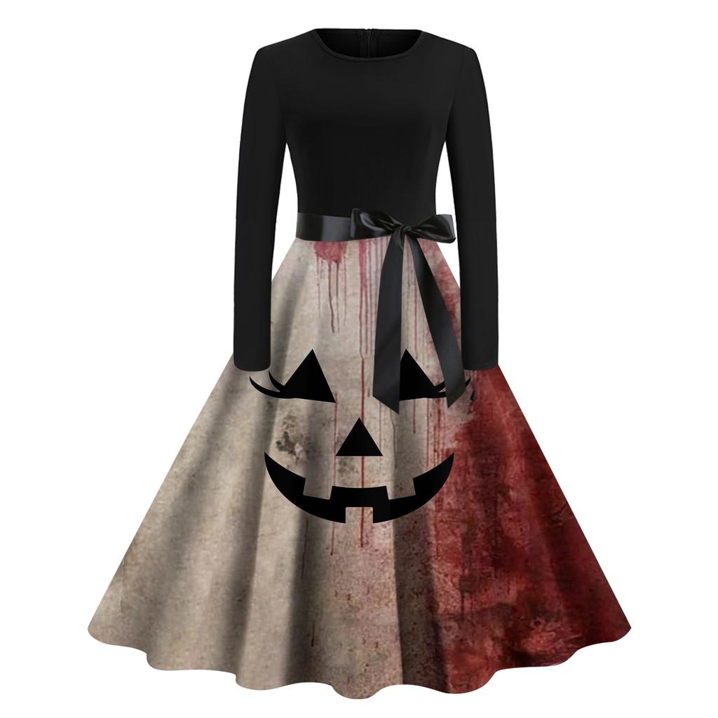 Halloween Women's Casual Fashion Round Neck Printed Vintage Dress