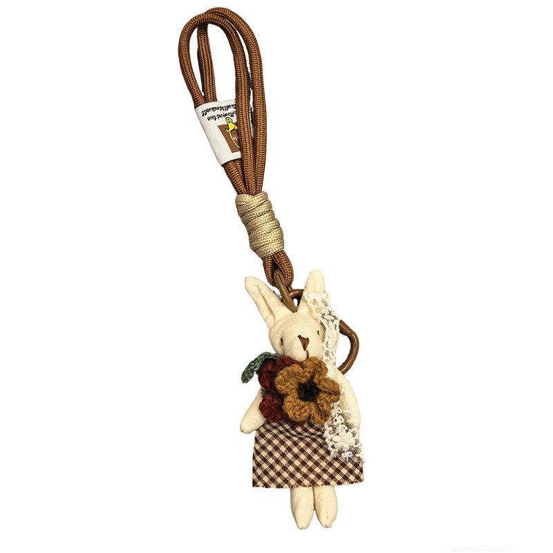 Cute Fabric Bunny Bag Charm, Handmade Plush Rabbit Keychain with Flower Dress & Braided Rope