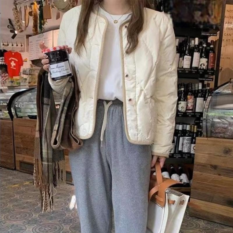 Autumn Winter Women's Diamond-Quilted Cotton Coat Korean-Style Woven Padded Jacket Contrast Color Panel Short Cotton-Padded Outerwear