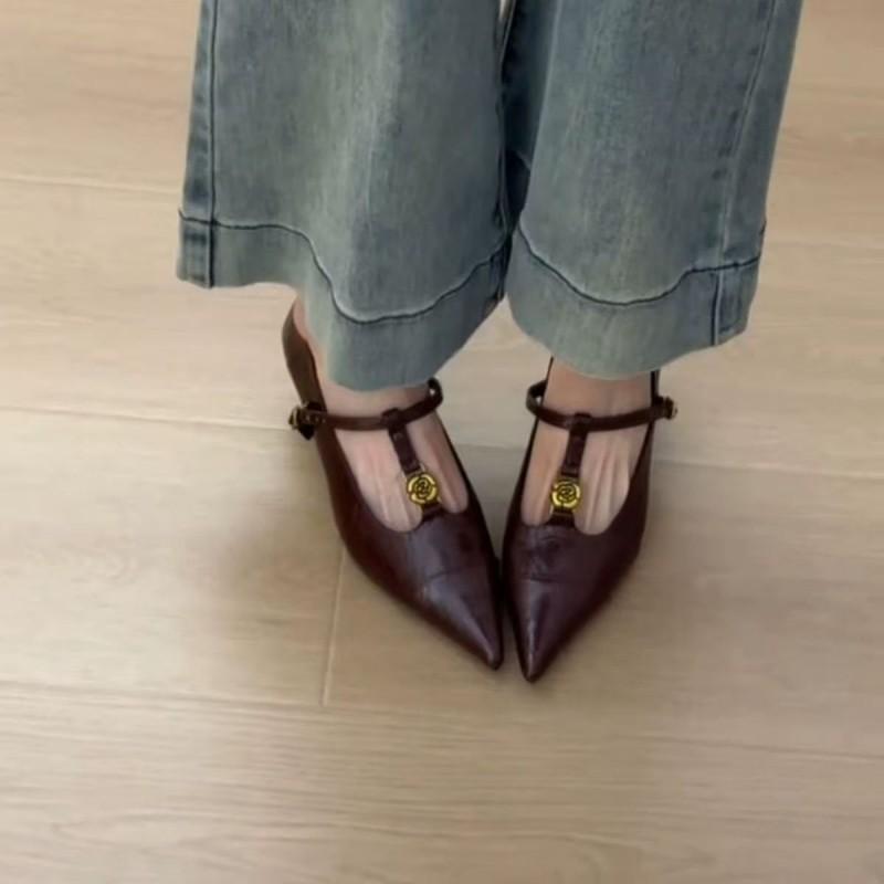 Premium sense pointed single shoes women's thin heels 2025 French temperament camellia shallow mouth evening Mary Jane high heels