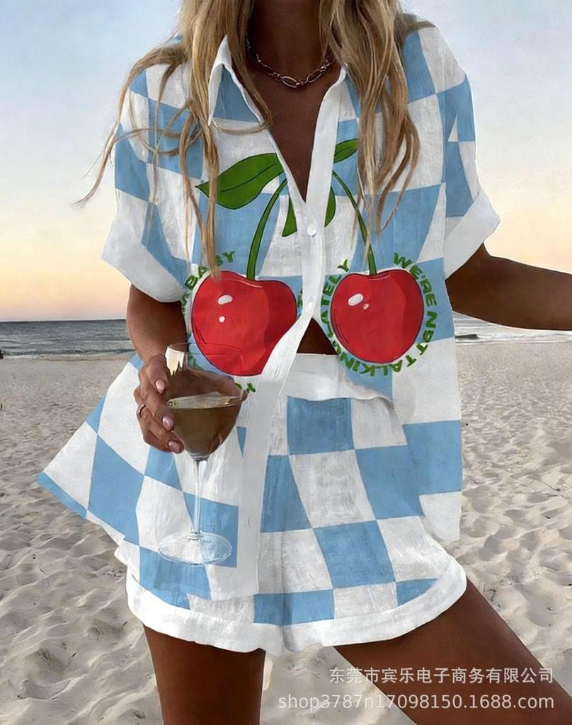 Summer European and American Women's Clothing Bamboo Hemp 1D Digital Printing Short-sleeved Shirt Beach Shorts Casual Two-piece Set