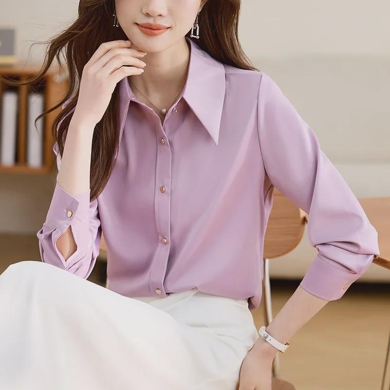 Women's Fashionable Purple Satin Long-Sleeve Shirt for Early Spring - Chic & Stylish OL Commute Wear.