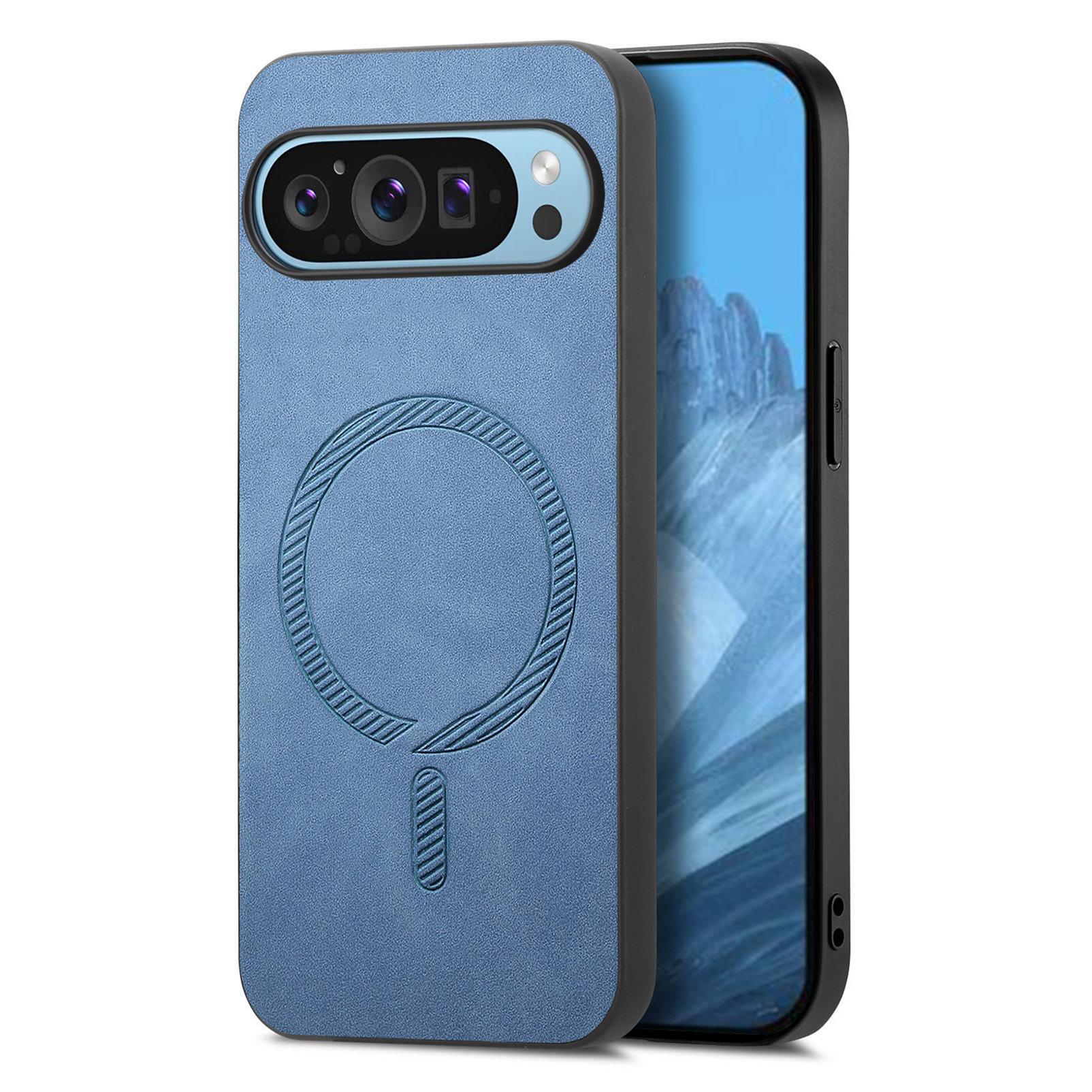 

For Google Pixel 9 Pro/Google Pixel 9 Leather Back Case Compatible with MagSafe Skin-touch Phone Cover Blue
