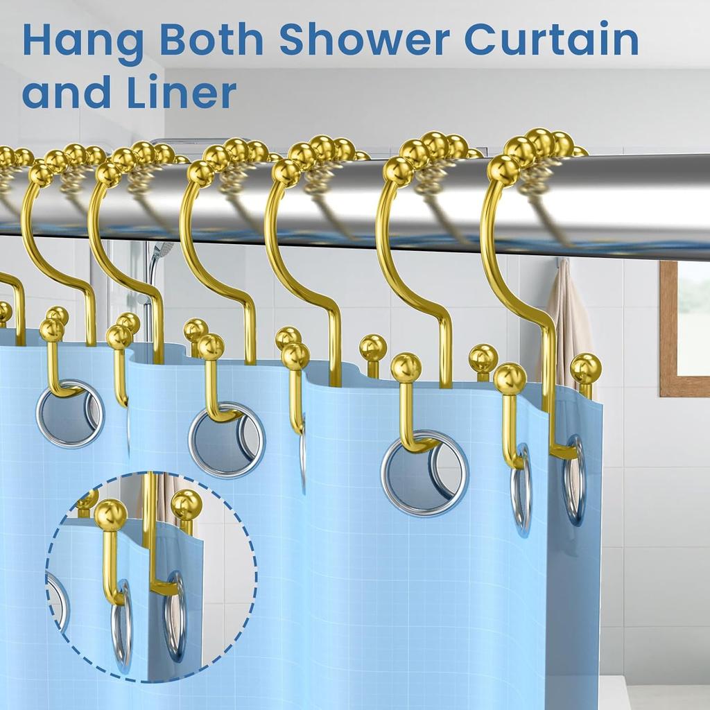 Shower Curtain Hooks Rings, Double Sided Shower Curtain Hooks Rust Proof for Bathroom Shower Rods Curta, Set of 12 Shower Hooks - Gold