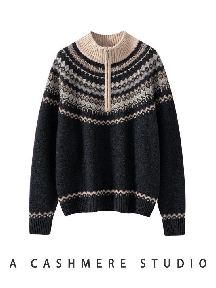 Fair Isle Cashmere Sweater: Autumn/Winter Retro Knit, Thick & Loose Fit
