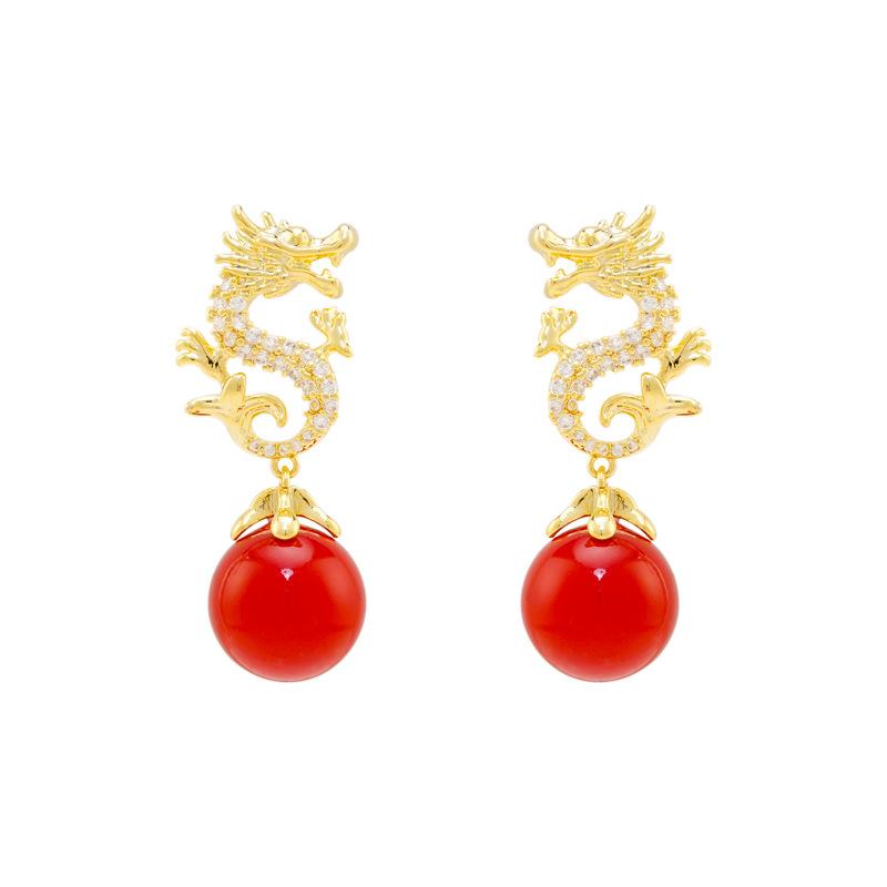 Year Of The Dragon Inlaid Zircon Pearl Earrings Chinese Style Red Earrings Chinese New Year Light Luxury High-End Earrings