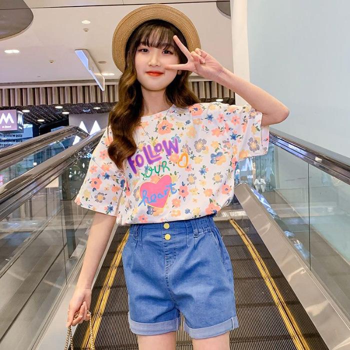 Girls Pink Short Sleeve T Shirt with Cute Cartoon Print for Summer 100