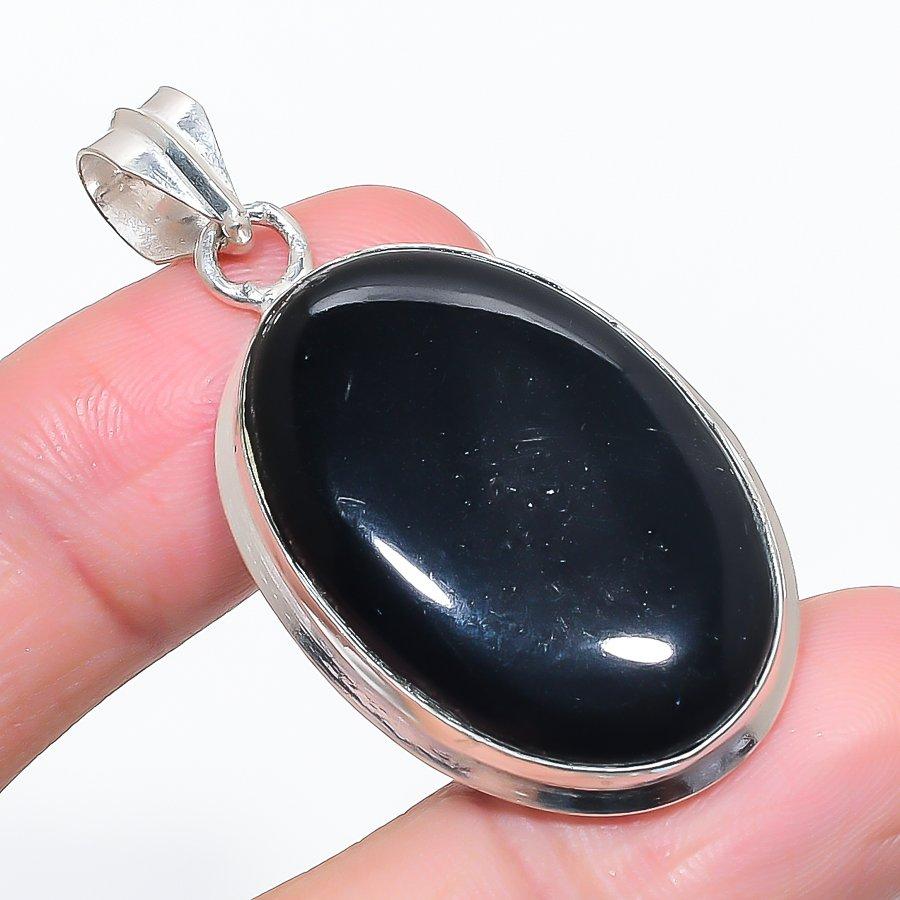 Natural Black Onyx Gemstone 925 Sterling Silver Jewelry Pendant 1.97" G7f52