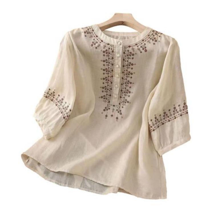 Embroidery Flower Pattern Women Shirt Retro Style Round Neck Pullover Tops 3 4 Sleeve Summer Casual Blouse
