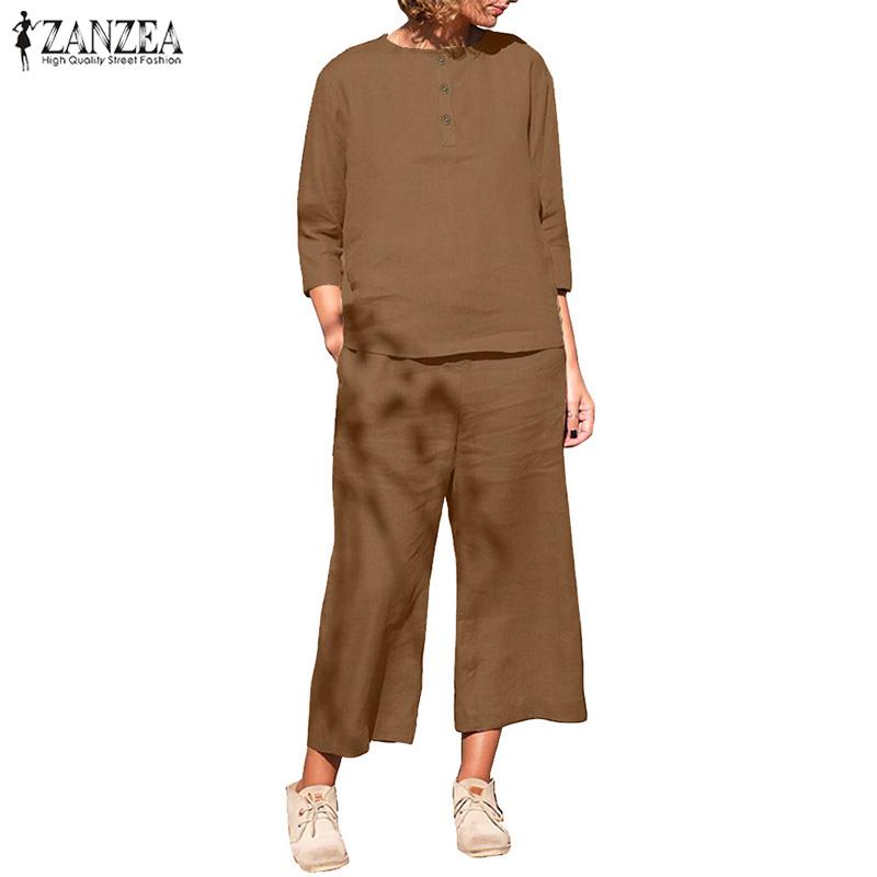 ZANZEA Lässige zweiteilige Sets für Damen mit Bluse und Hose mit 3/4-Ärmeln