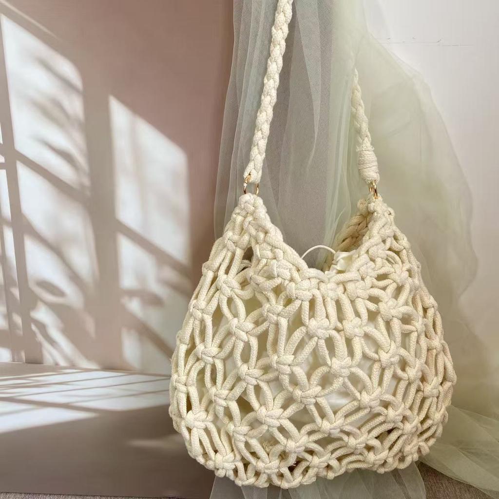 Summer Chic Solid Color Mesh Handbag Hollow Out Knitted Shoulder Bag Beach Tote Bag for Women