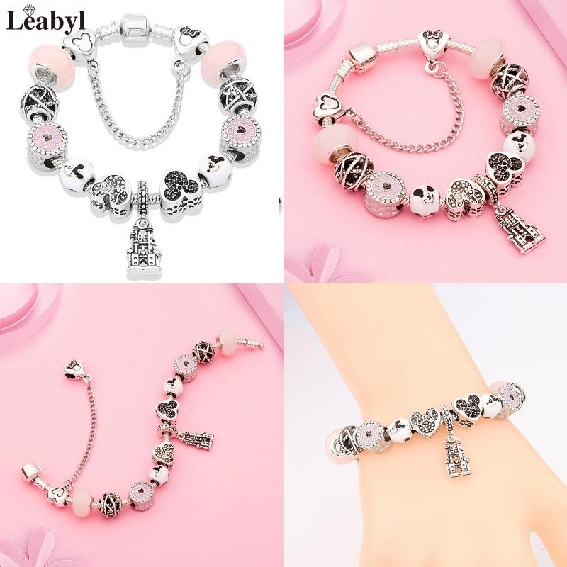Potdemiel Pink Enamel Crystal Minnie Charm Bracelets Silver Color Heart Cartoon Bead Jewelry for Women Girl Gift
