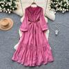 French Court Style Bubble Sleeve Dress Women's Autumn Hollow Crochet Drawstring Waist Temperament Beautiful and Chic Long Dress