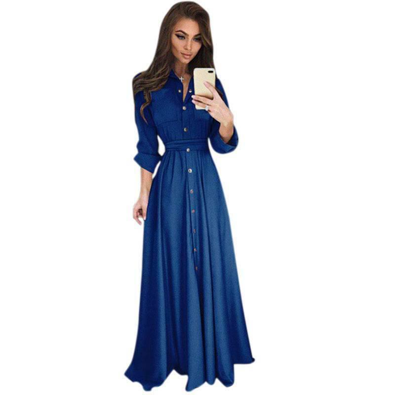 Womens Maxi Dress Long Sleeve Button Down Evening Party Cocktail Shirt Dresses