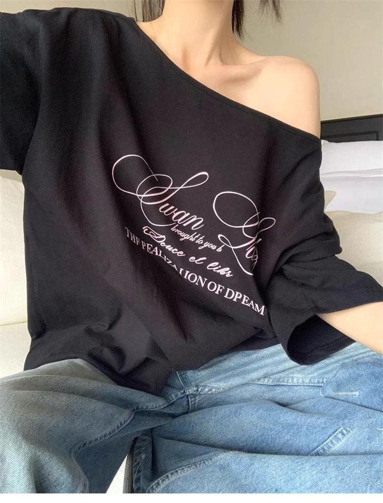 Women's Retro American Letter Print Off-Shoulder T-Shirt – Short Sleeves, Casual Loose Fit, Summer Style