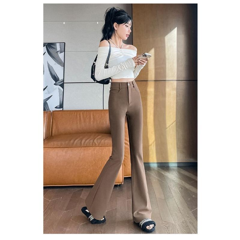 Women's Khaki High Waisted Flare Pants Casual Slim Fit Stretchy Bell Bottom Trousers