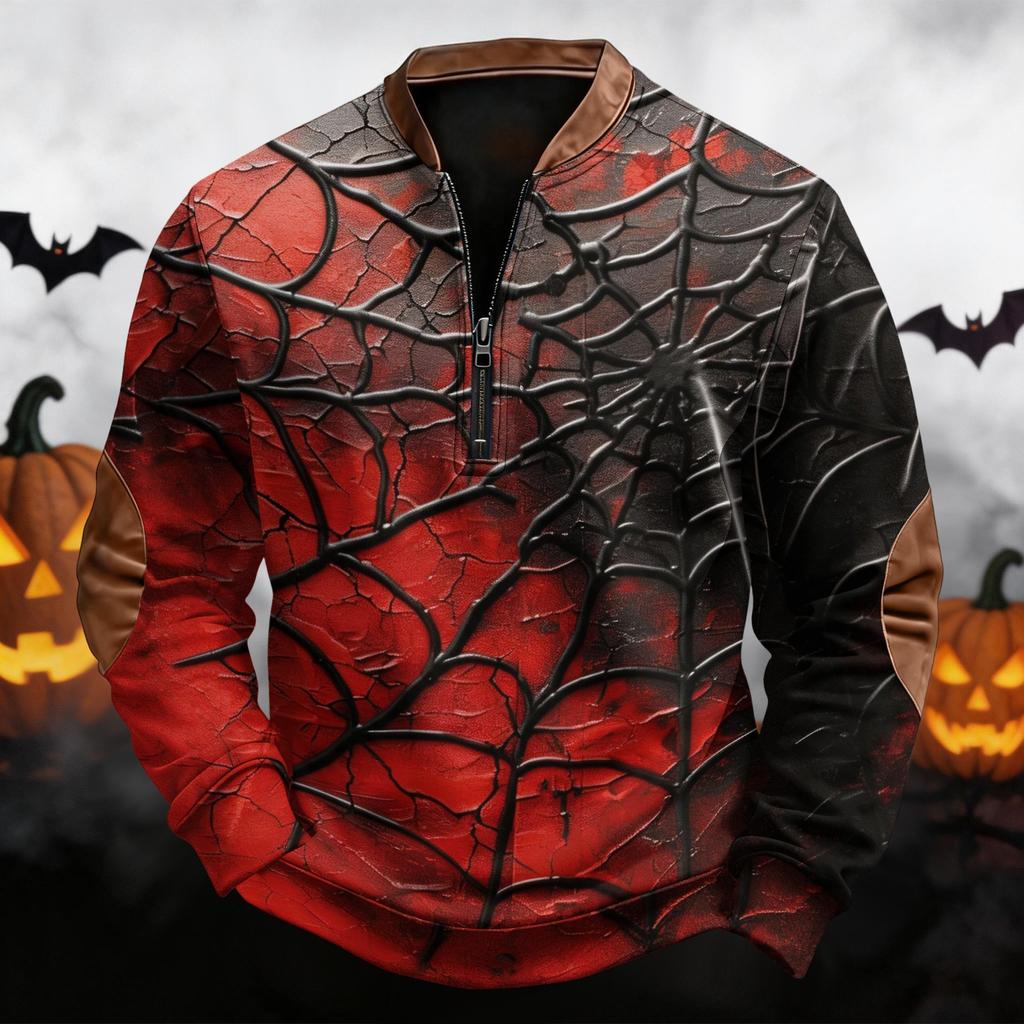 Men's Casual Retro Half Zip Long Sleeve Sweatshirt with Halloween Print