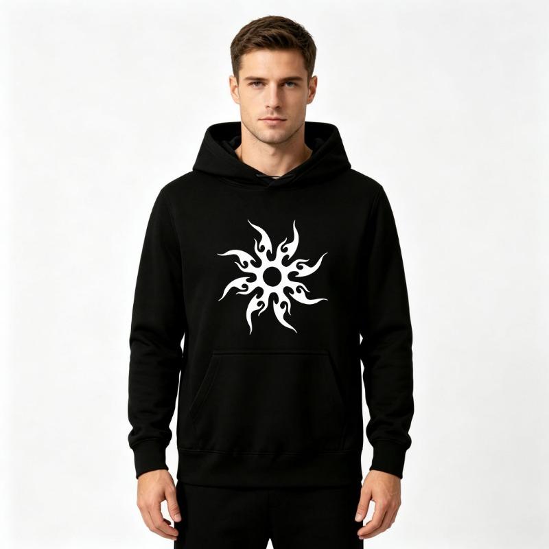 Men Adult White Ink DTF Printing Tribal Flame Sun Pattern Hoodie Casual Long Sleeve Loose Pullover Hooded Sweatshirt for Daily Streetwear