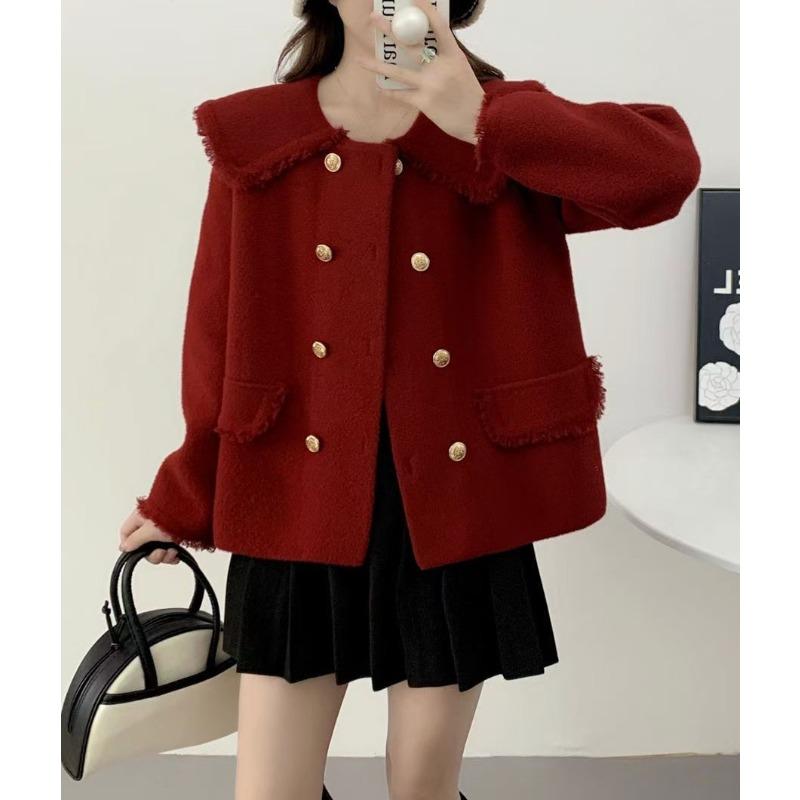 Spring and Autumn New Small Fresh Jacket Women's Short Fashion Double-breasted Doll Collar Versatile Fringed Knitted Cardigan Top