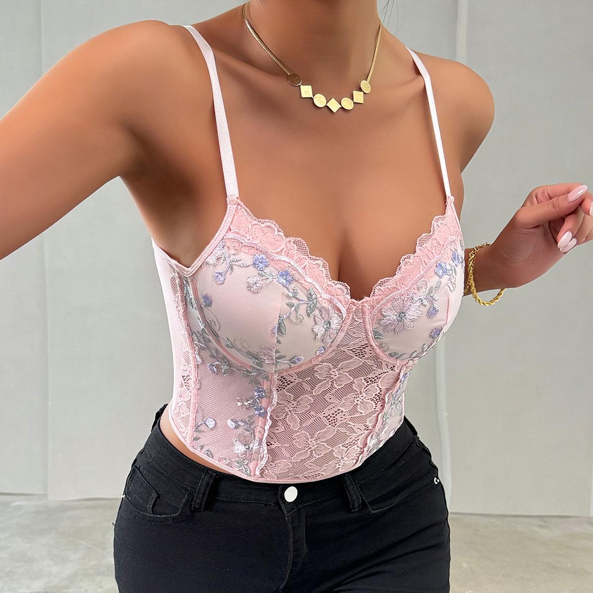 

Трансграничный кружевной бюстье-камисоль с 3D цветочной вышивкой и поддержкой на косточках Medium розовый
