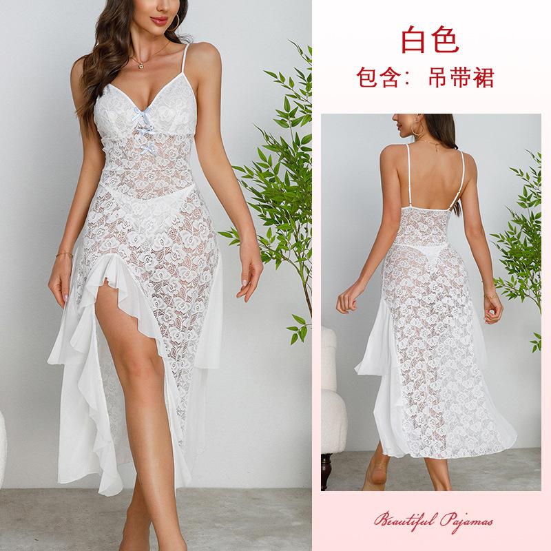 Multi-Style Sexy Lace Mesh Nightgown Deep V High Slit Print Cami Pajamas Women's Loungewear Versatile Seductive Sleepwear Collection with Diverse