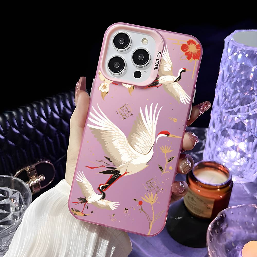 

Japanese Golden Crane Phone Case For iPhone 17 16 15 14 13 12 11 Pro Max Air multicolor Matte Laser Metallic Aurora Funda iPhone12