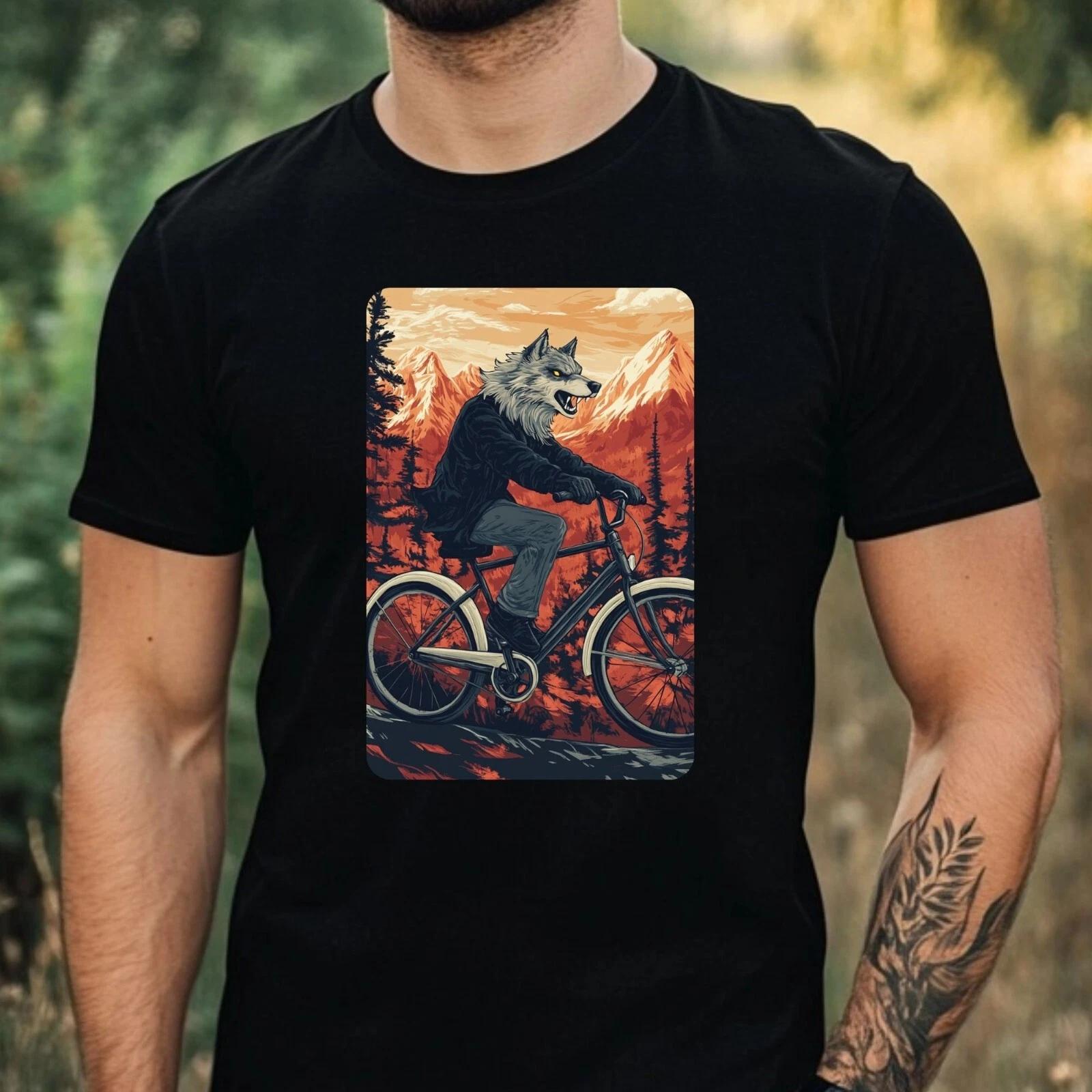 T-Shirt Herren Wolfsmann fährt Fahrrad Motiv Baumwolle Größe XS bis 5XL XXL