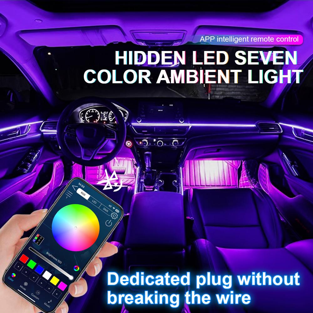 10/14/18 In 1 Led Car Ambient Lights Bluetooth App Control Acrylic Fiber Optic Strip RGB 64 Color Atmosphere Decorative Lamp 12V