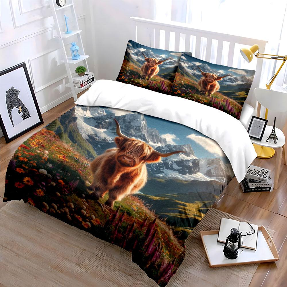 Highland Cow Landscape Decoration Set Soft Skin-Friendly Bedding Set Includes 1 Duvet Cover And 2 Pillowcase Gift